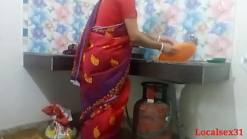 Indian housewife's kitchen encounter in red saree